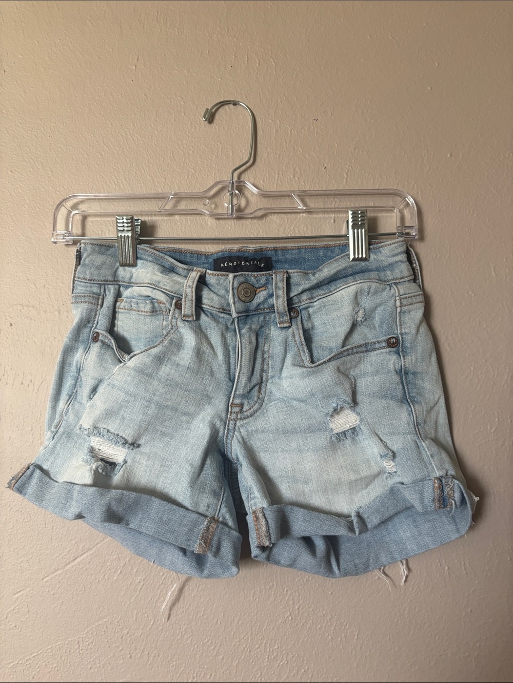 Aeropostale Light Blue Distressed Rolled Cuff Denim Shorts